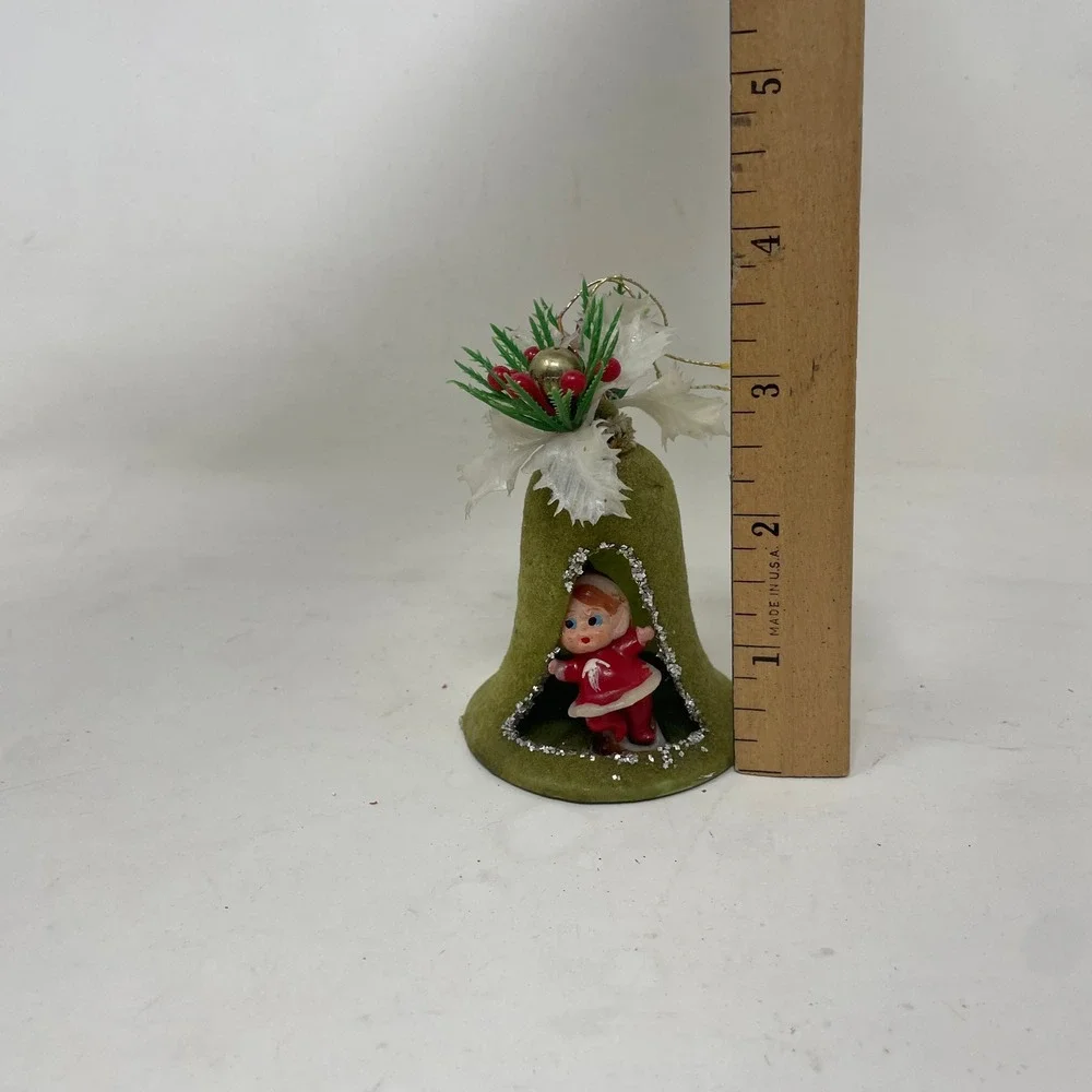Vintage 1976 Felt Christmas Bell Ornament Pixie Elf Figure Green Red Handmade